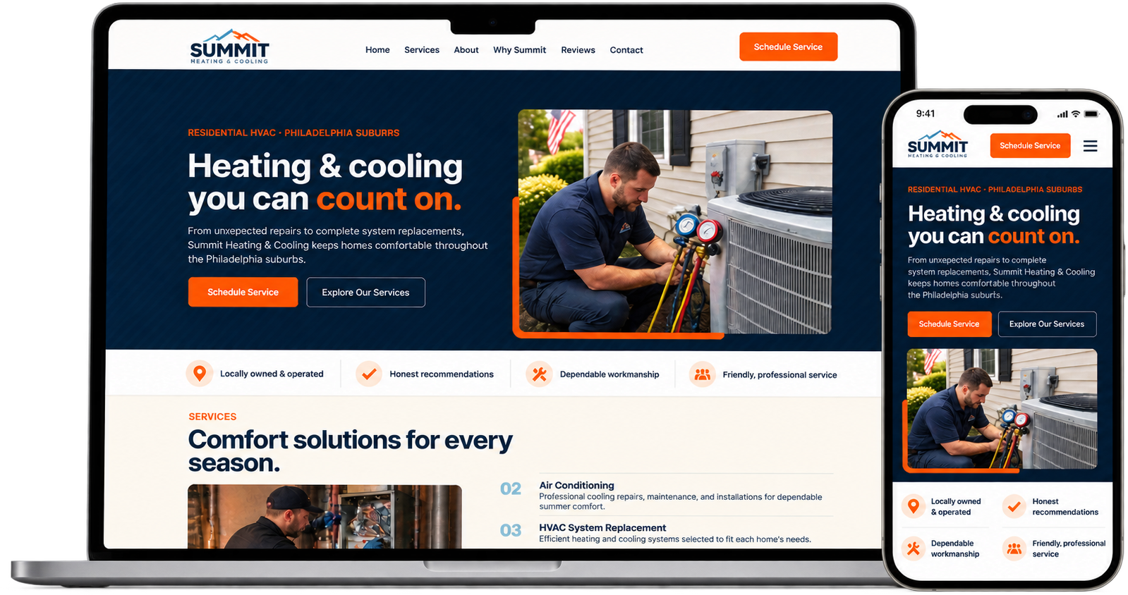 Summit Heating & Cooling website shown on desktop and mobile